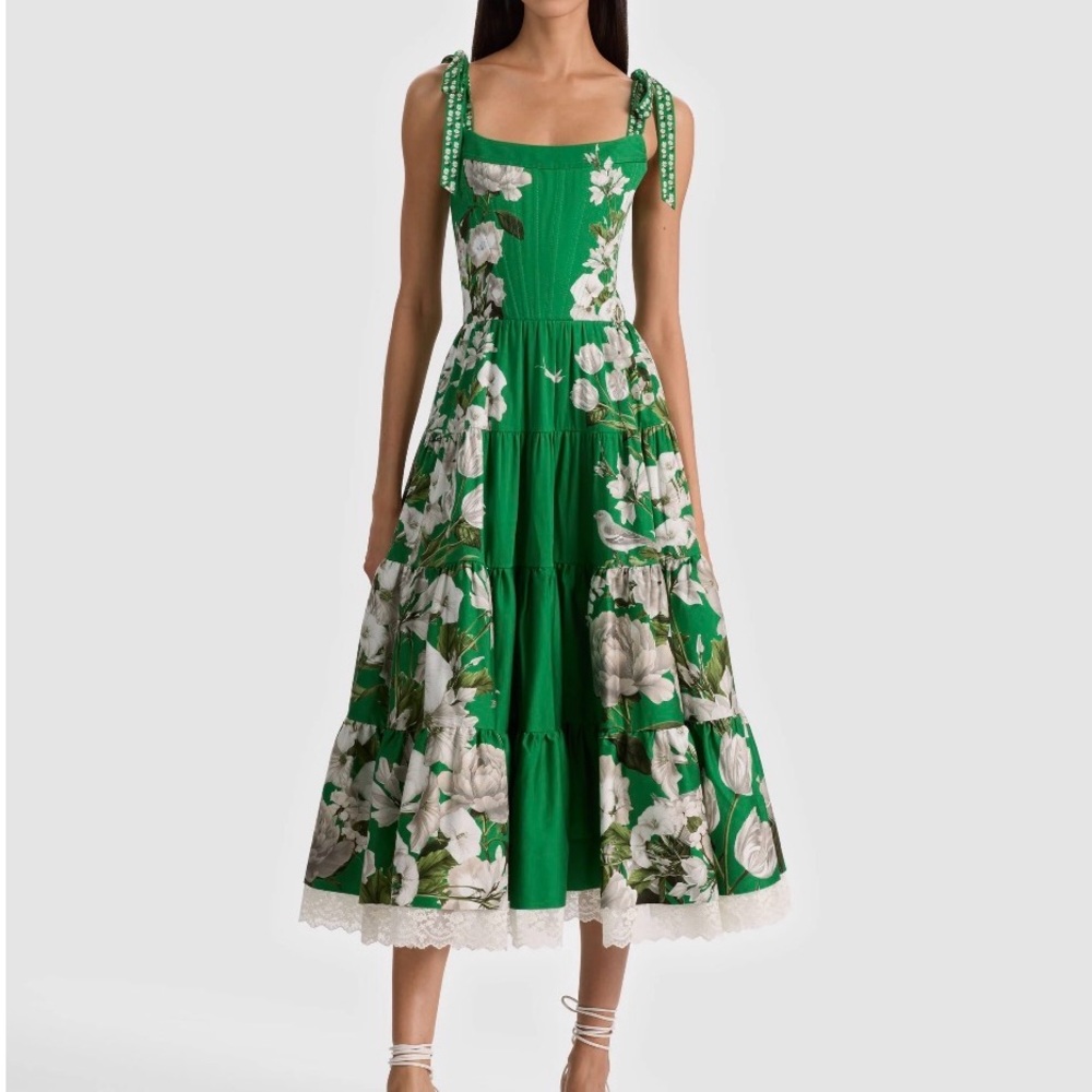 Alice + Olivia Green Floral Tie-Shoulder Midi Dress